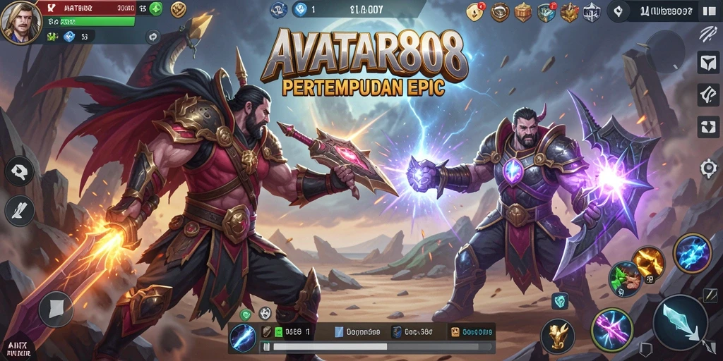 Screenshot utama AVATAR808 menampilkan pertarungan karakter yang seru.