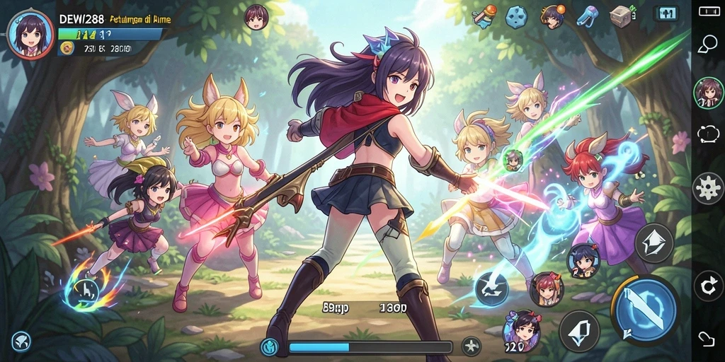 Tampilan gameplay memukau dalam DEWI288 dengan grafik anime yang menawan.
