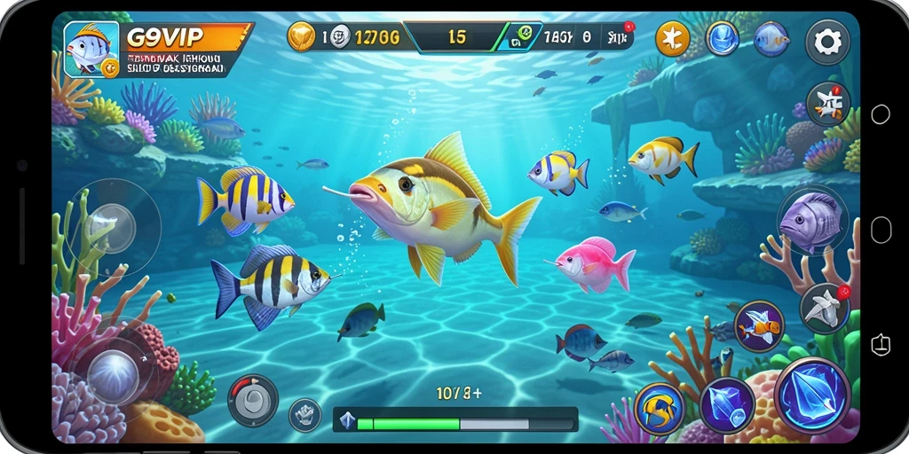 Screenshot menunjukkan aksi seru menangkap ikan di G9VIP.
